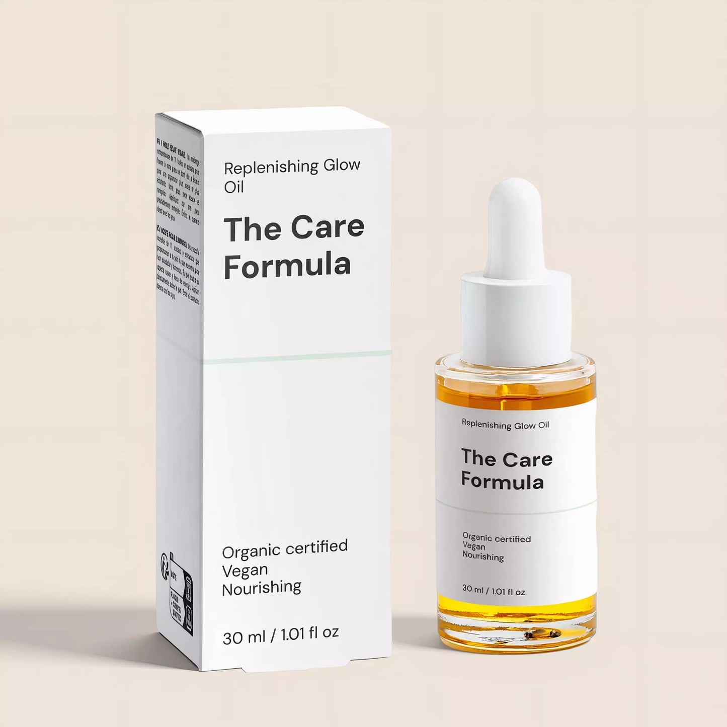 The Care Formula Replenishing Glow Oil bottle and packaging on a beige background