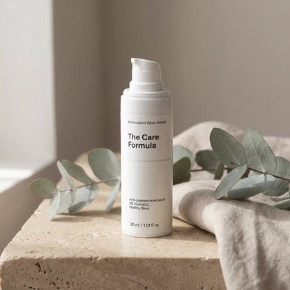 The Care Formula Antioxidant Glow Serum skincare serum lifestyle scene on neutral stone surface