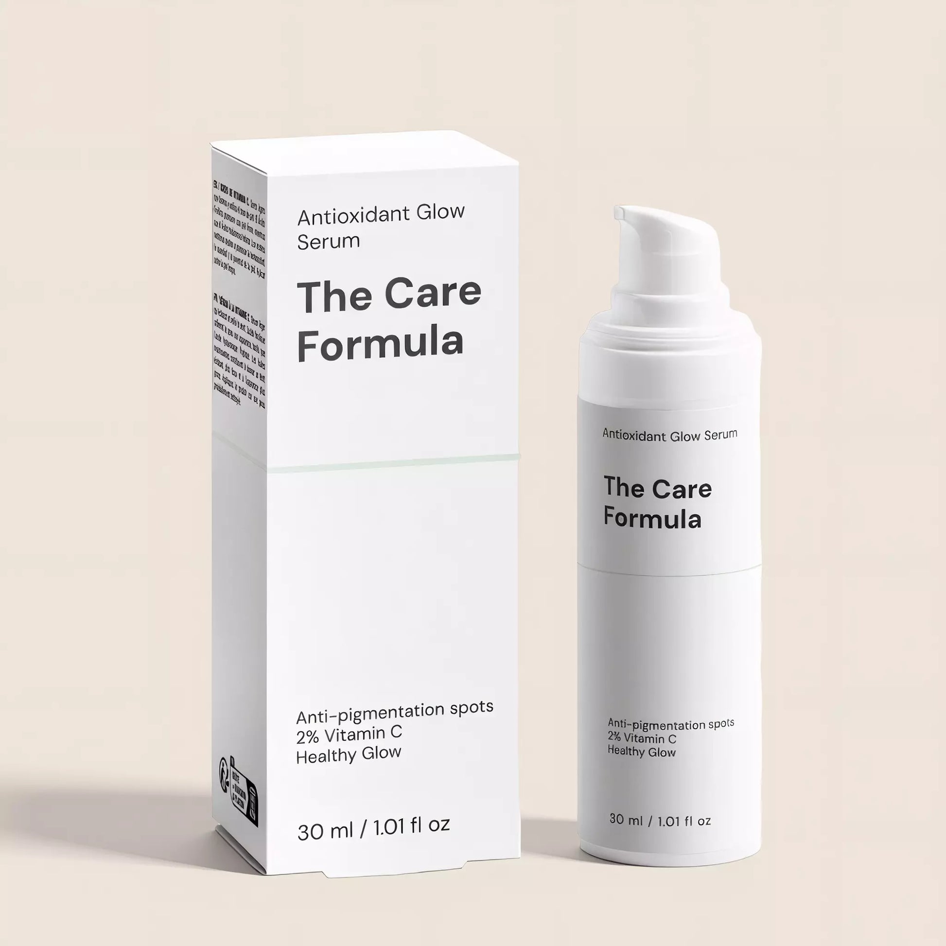 The Care Formula Antioxidant Glow Serum packaging detail close-up