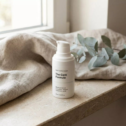 The Care Formula Daily Comfort Cream skincare moisturizer lifestyle scene on neutral stone surface