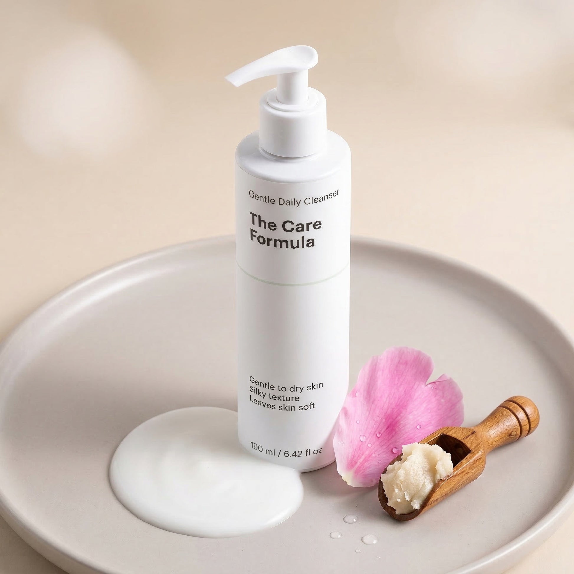 The Care Formula Gentle Daily Cleanser skincare product with a pump bottle on a beige plate with a pink peony petal and wooden scoop of raw shea butter