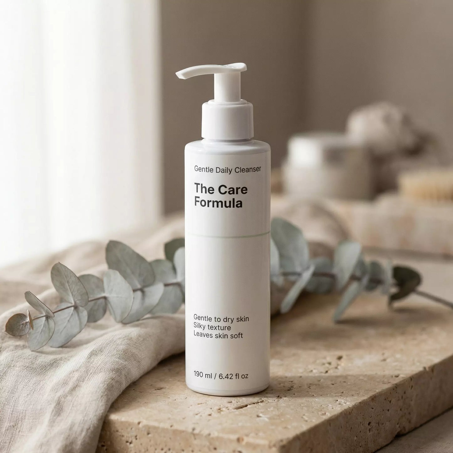 The Care Formula Gentle Daily Cleanser skincare cleansing lifestyle scene on neutral stone surface