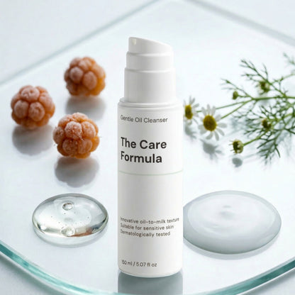 The Care Formula Gentle Oil Cleanser skincare product on a glass surface with fruits and flowers ingredients 