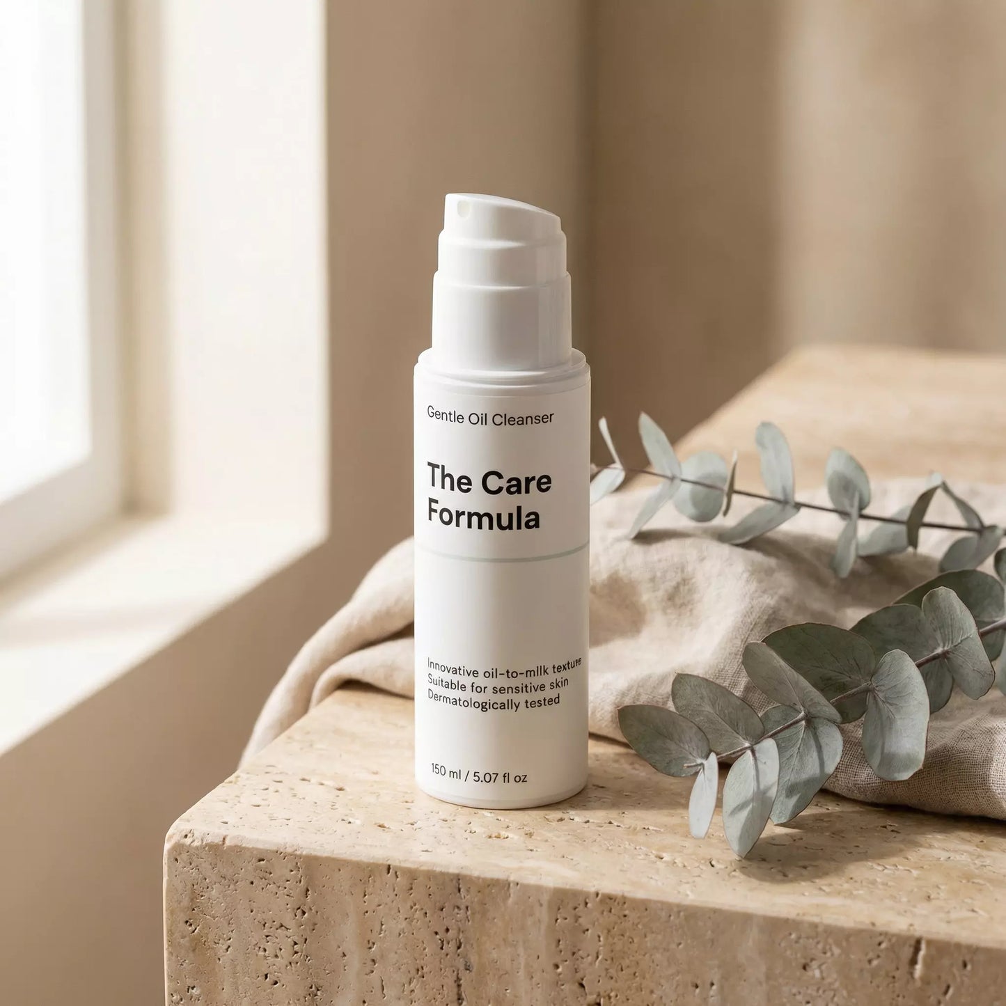 The Care Formula Gentle Oil Cleanser skincare cleansing oil lifestyle scene on neutral stone surface