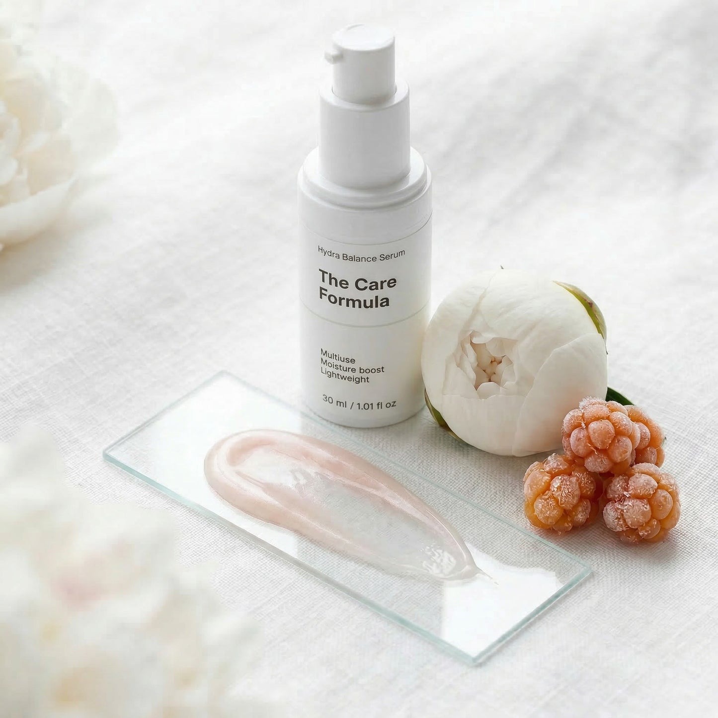 The Care Formula Hydra Balance Serum with white peony bud and cloudberries ingredients