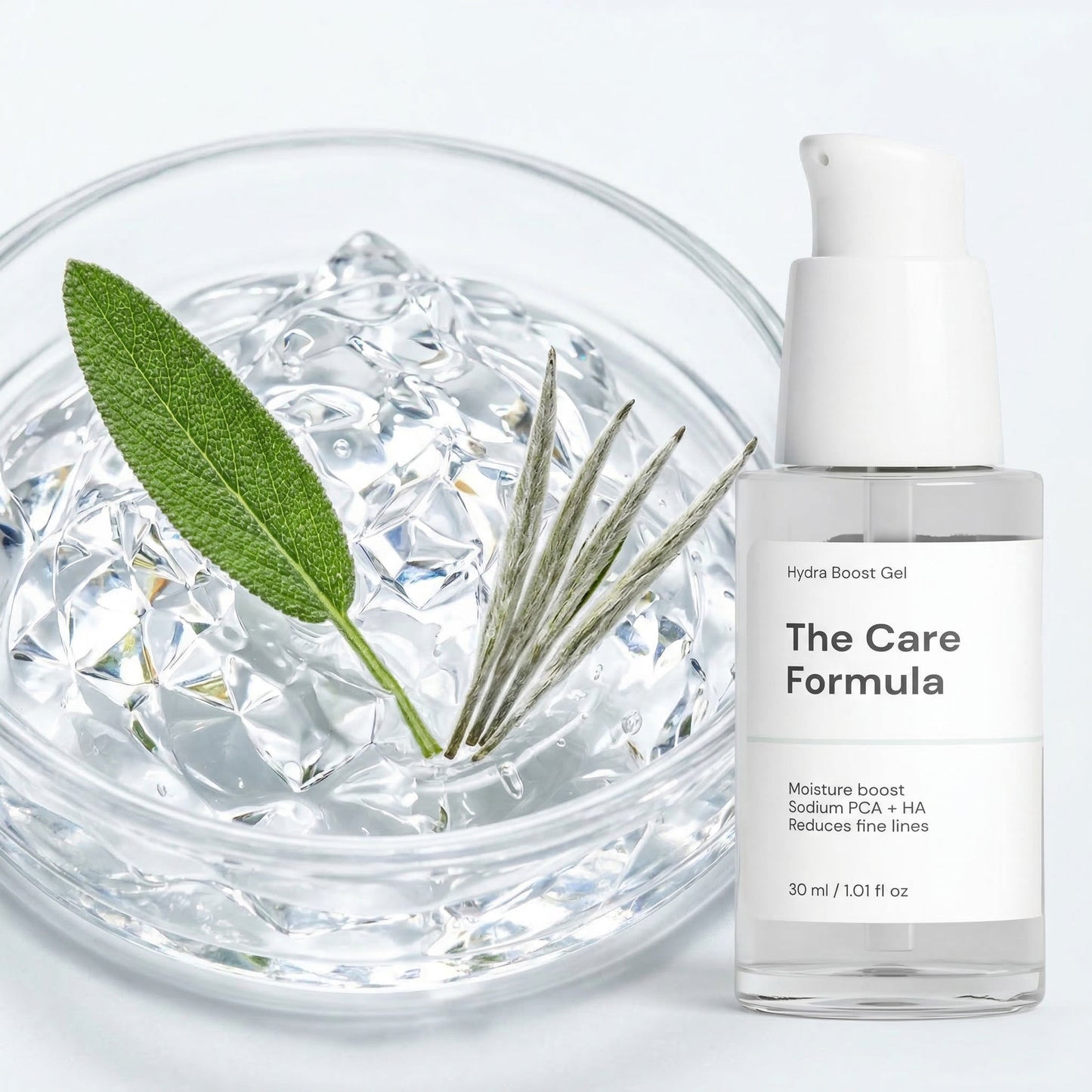 The Care Formula Hydra Boost Gel skincare serum bottle with a petri glass filled with crystal-clear gel texture and herbs on a light background