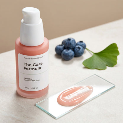 The Care Formula Peptide Renewal Serum key ingredients with blueberries and a leaf on a neutral background