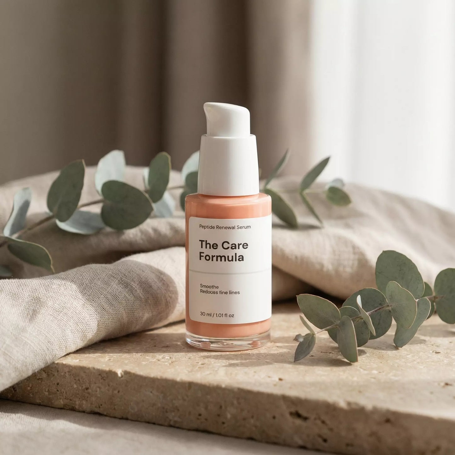 The Care Formula Peptide Renewal Serum skincare serum lifestyle scene with eucalyptus on neutral stone surface