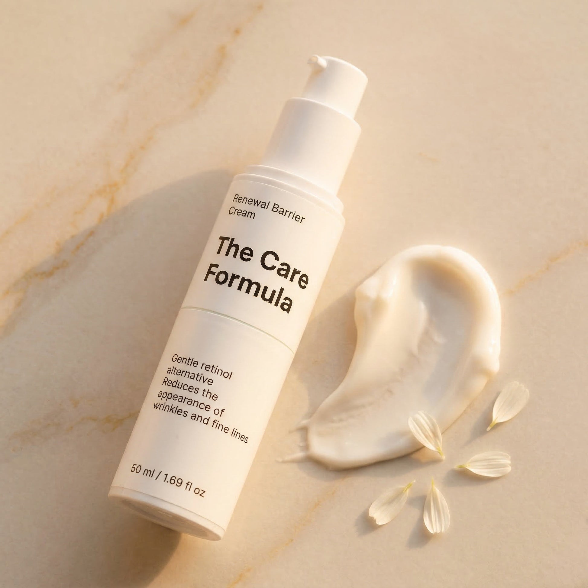 The Care Formula Renewal Barrier Cream bottle on a marble surface with a cream swatch and clear moisture capsules, emphasizing deep hydration and repair