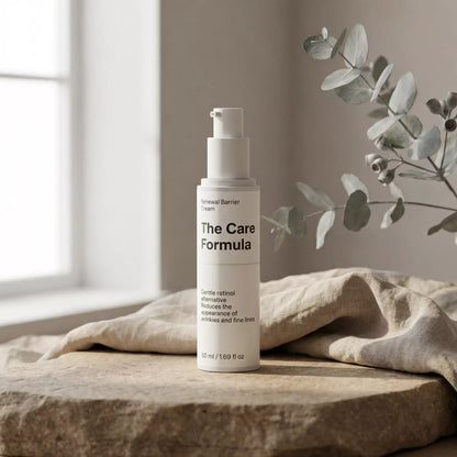 The Care Formula Renewal Barrier Cream lifestyle scene on a rustic stone surface by a window with eucalyptus