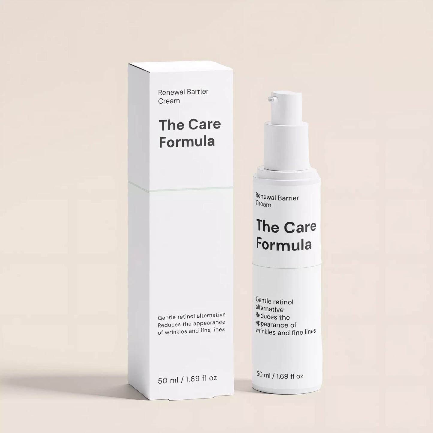 The Care Formula Renewal Barrier Cream with pump bottle standing next to its tall, minimalist white and grey product packaging