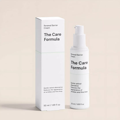 The Care Formula Renewal Barrier Cream with pump bottle standing next to its tall, minimalist white and grey product packaging