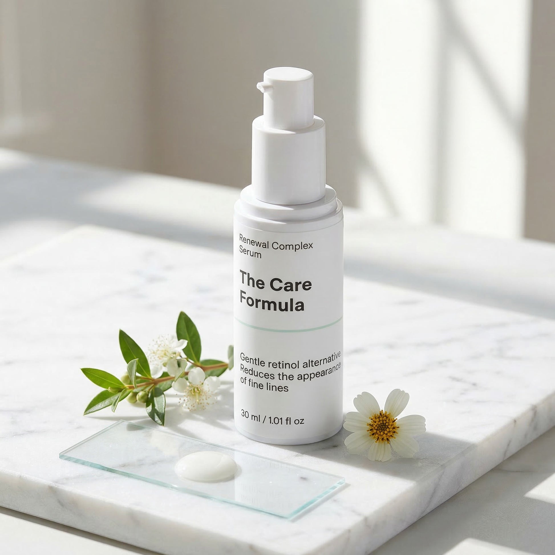 The Care Formula Renewal Complex Serum on a marble surface with Biden Pilosa flowers and leaves ingredients