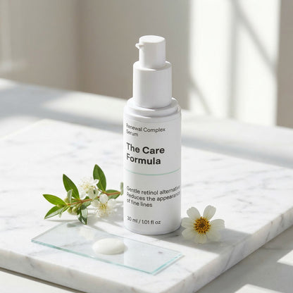 The Care Formula Renewal Complex Serum on a marble surface with Biden Pilosa flowers and leaves ingredients
