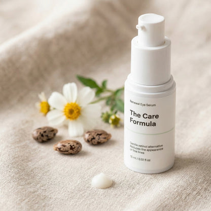 The Care Formula Renewal Eye Serum key ingredients with small Biden Pilosa flowers and seeds on a textured fabric background
