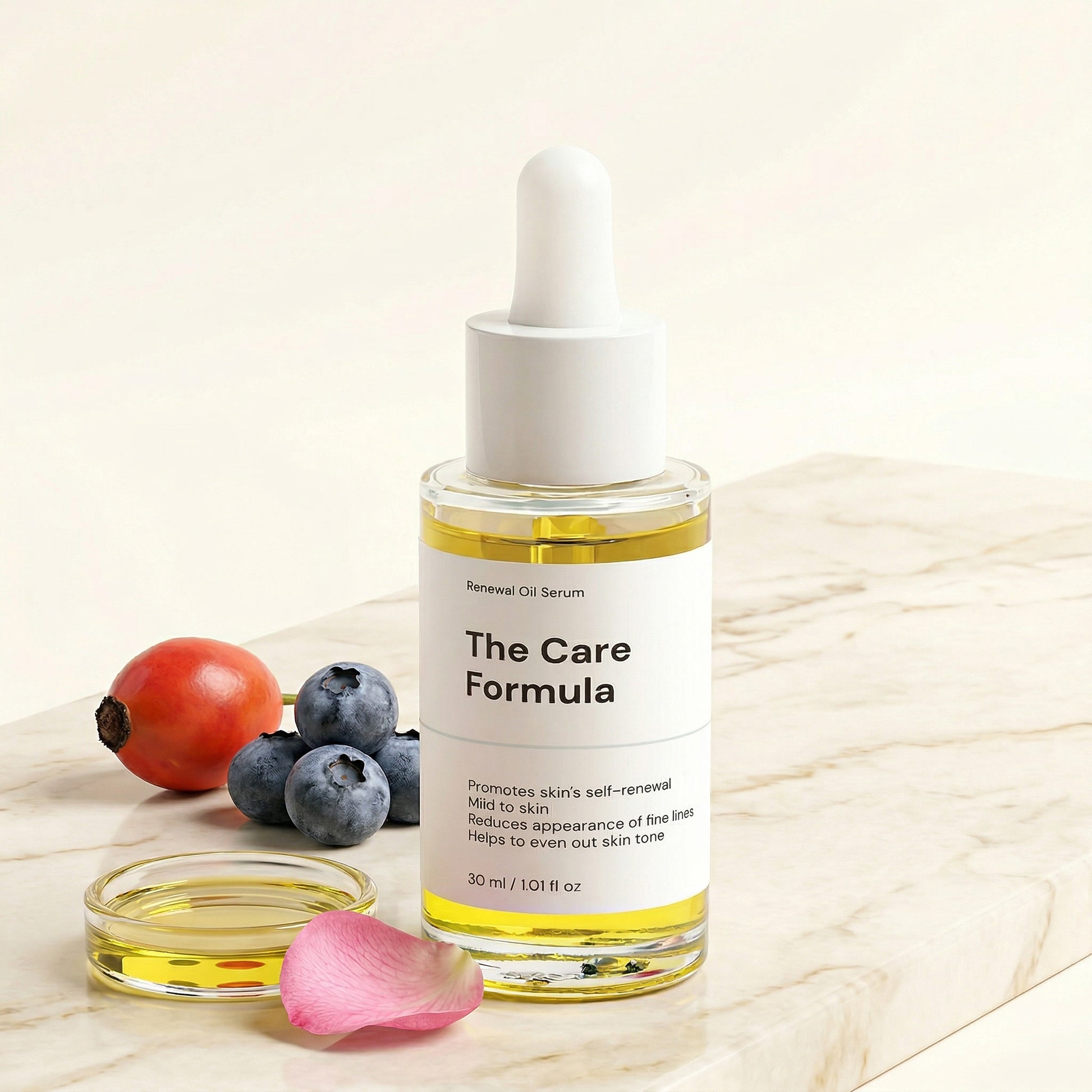 The Care Formula Renewal Oil Serum bottle dropper on a marble surface with fruits and petal