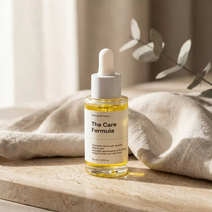 The Care Formula Renewal Oil Serum lifestyle image with eucalyptus on neutral stone surface