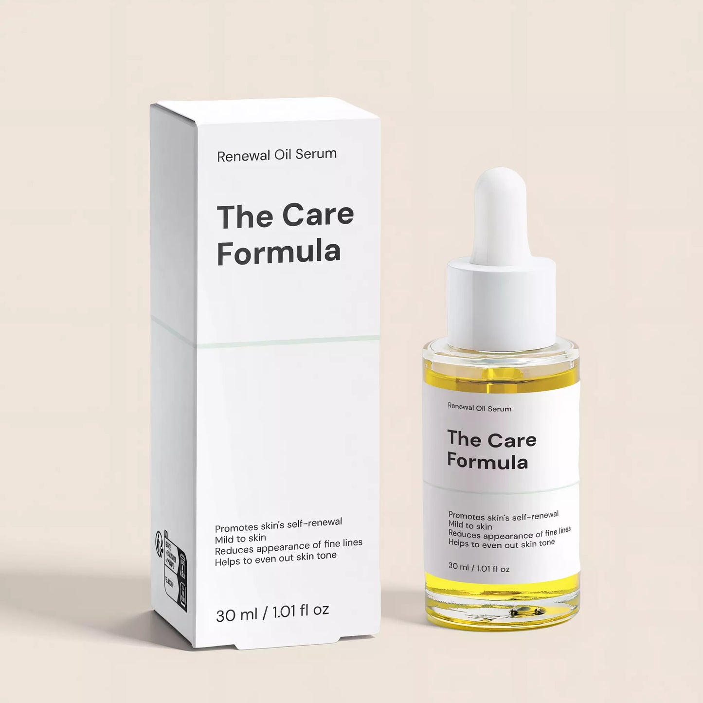 The Care Formula Renewal Oil Serum packaging detail product image on beige background