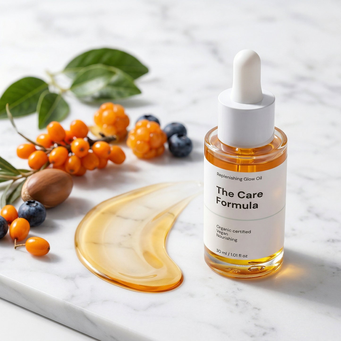 The Care Formula Replenishing Glow Oil with a bottle dropper on a marble surface with berries, leaves, and argan nut ingredients