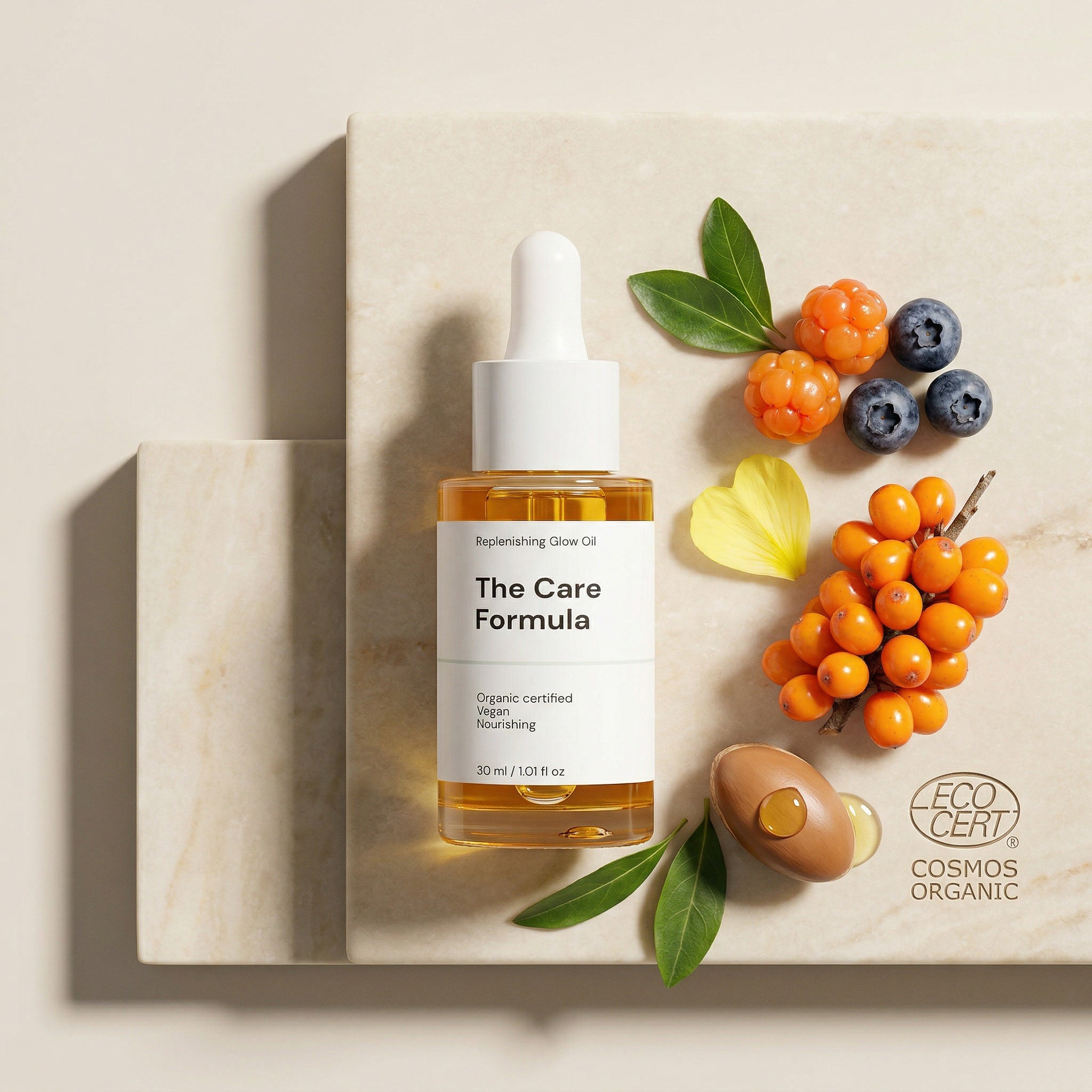The Care Formula Replenishing Glow Oil bottle dropper with argan nut, berries, organic certification logo on a light stone background.