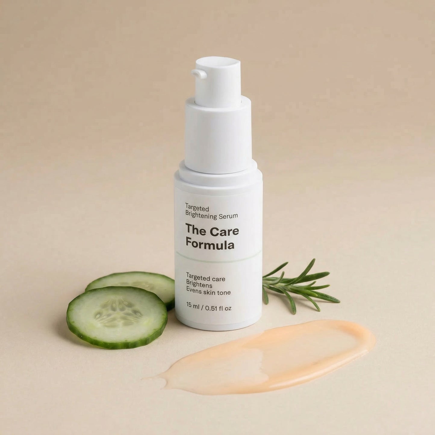 The Care Formula Targeted Brightening Serum skincare serum bottle with cucumber slices and rosemary on a beige background