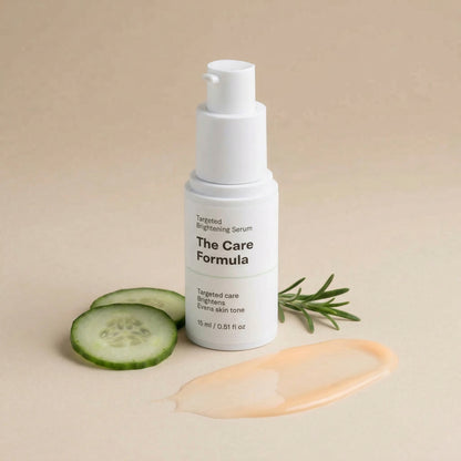 The Care Formula Targeted Brightening Serum skincare serum bottle with cucumber slices and rosemary on a beige background