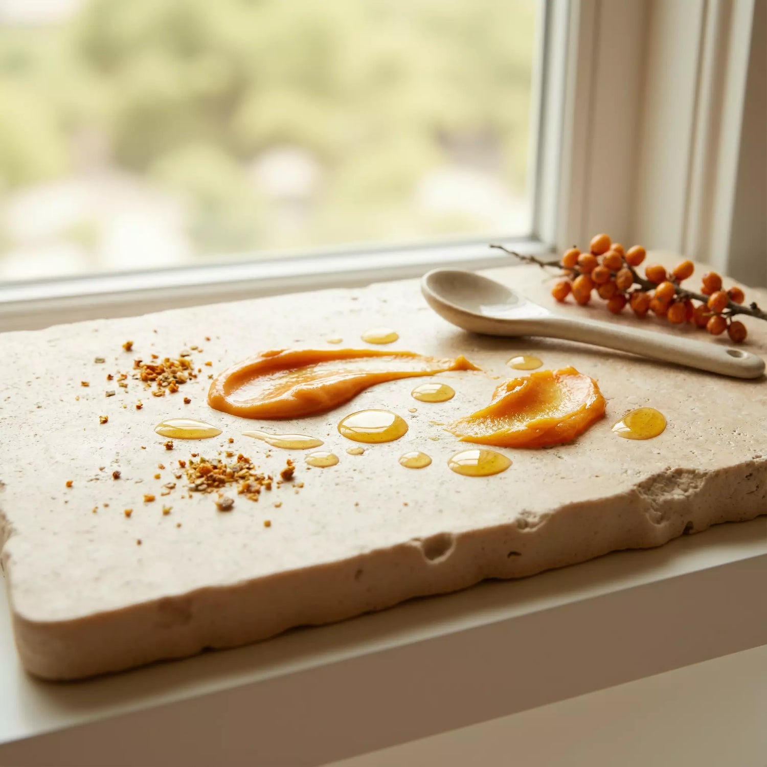 The Care Formula ingredient texture composition of sea buckthorn berries on a windowsill